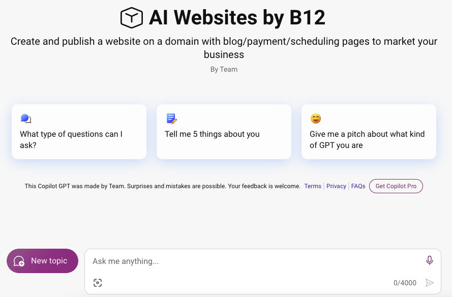 AI Websites By B12 Copilot GPT - Microsoft Copilot GPT for AI Web Design